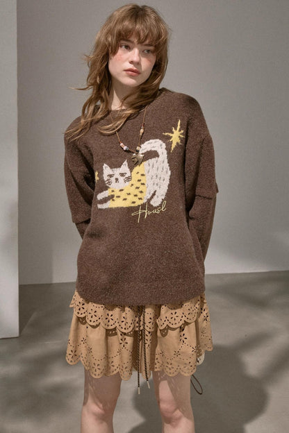 Cute Kitten Crew Neck Knit Sweater