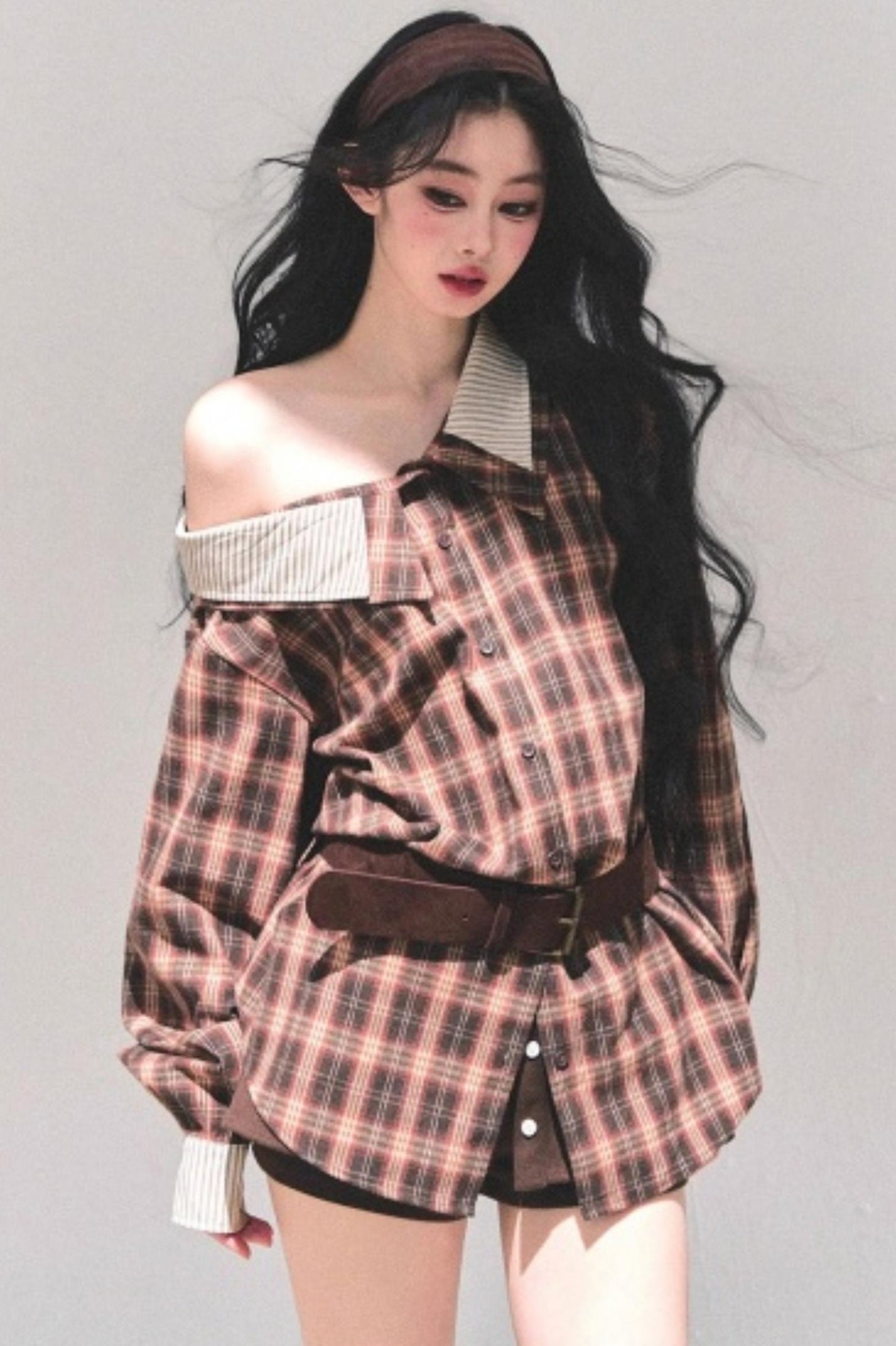 Off-Shoulder Plaid Shirt