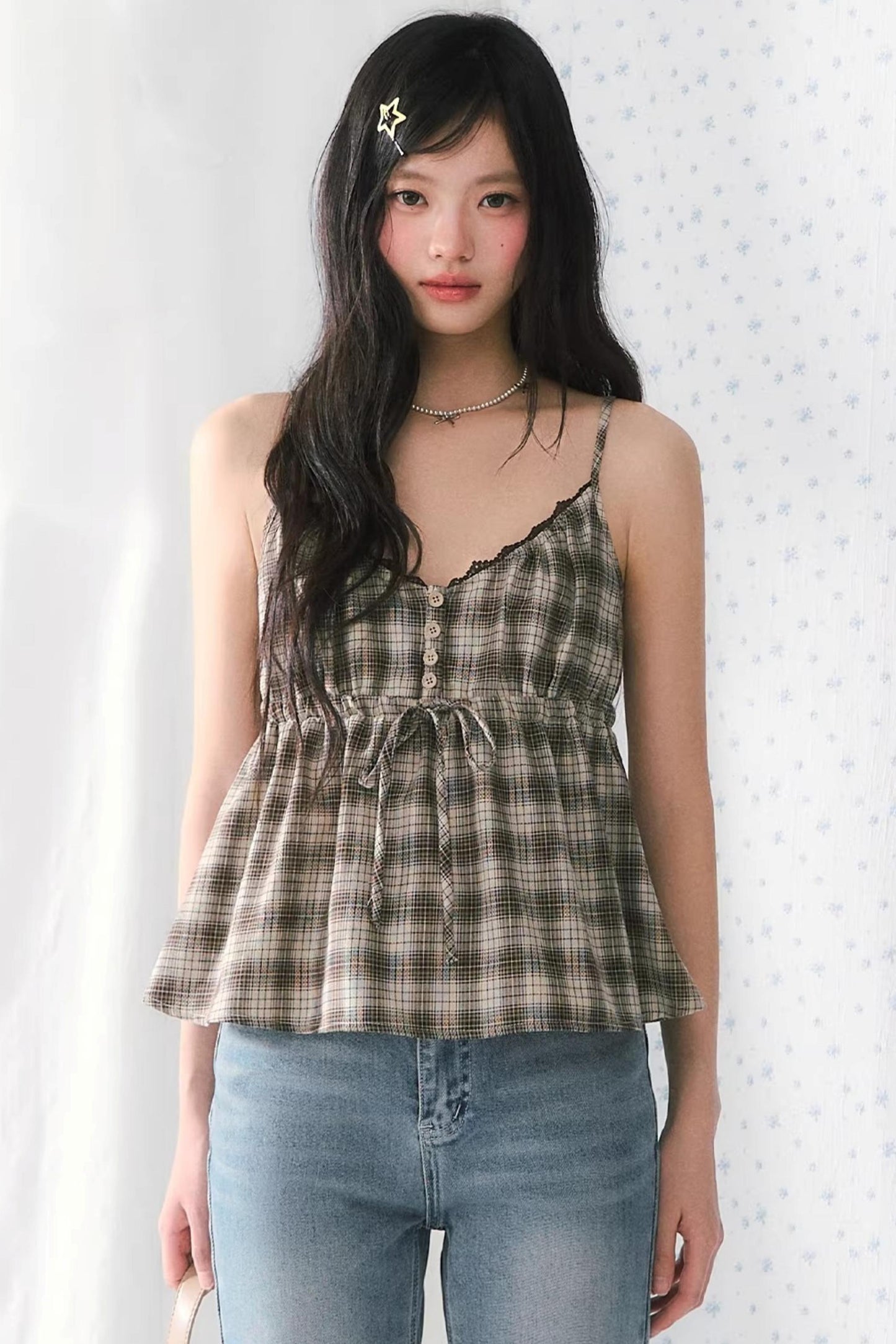 Lace Patchwork Plaid Camisole