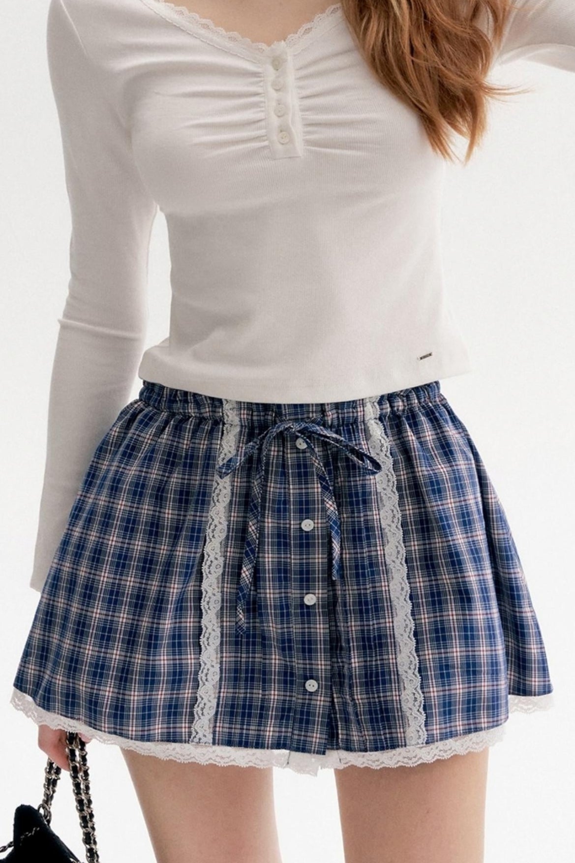 Lace Stitching Check Short Skirt