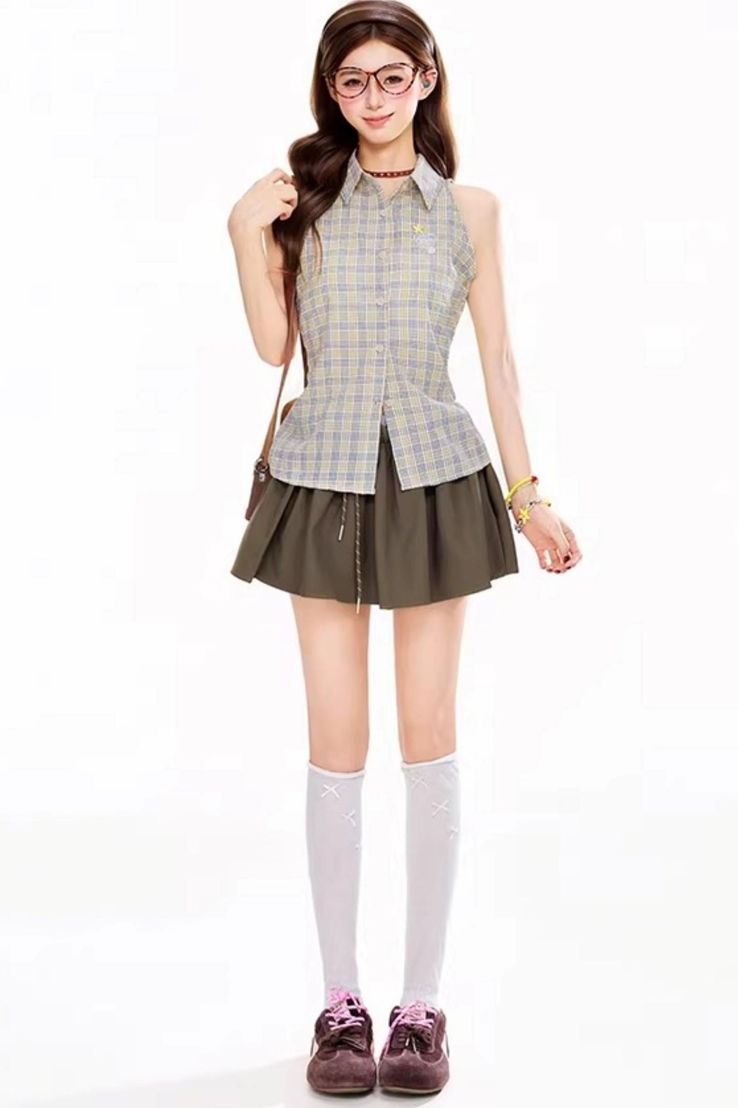 Retro Plaid Sleeveless Blouse