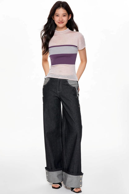 Color Collision High Neck Slim Top