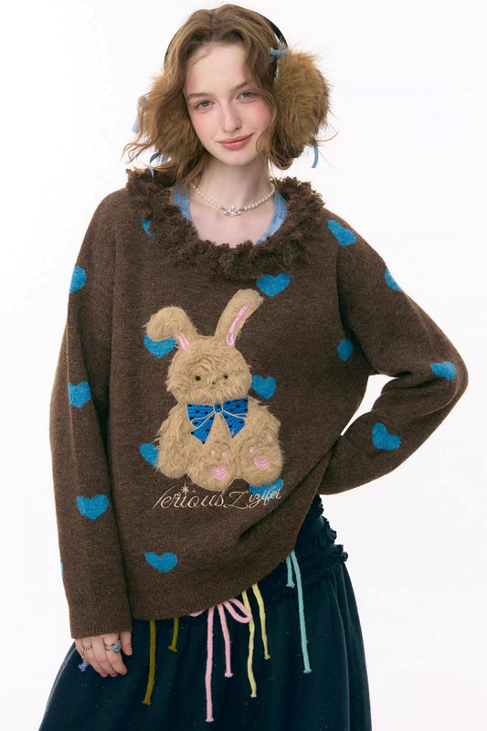 Plush Collar Rabbit Sweater