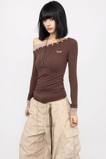 Slanted Shoulder Long Sleeve Slim Top