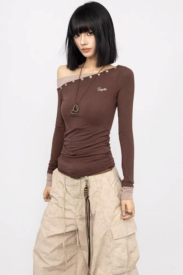 Slanted Shoulder Long Sleeve Slim Top