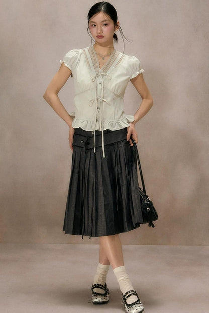 Black Plaid Ruffled Blouse