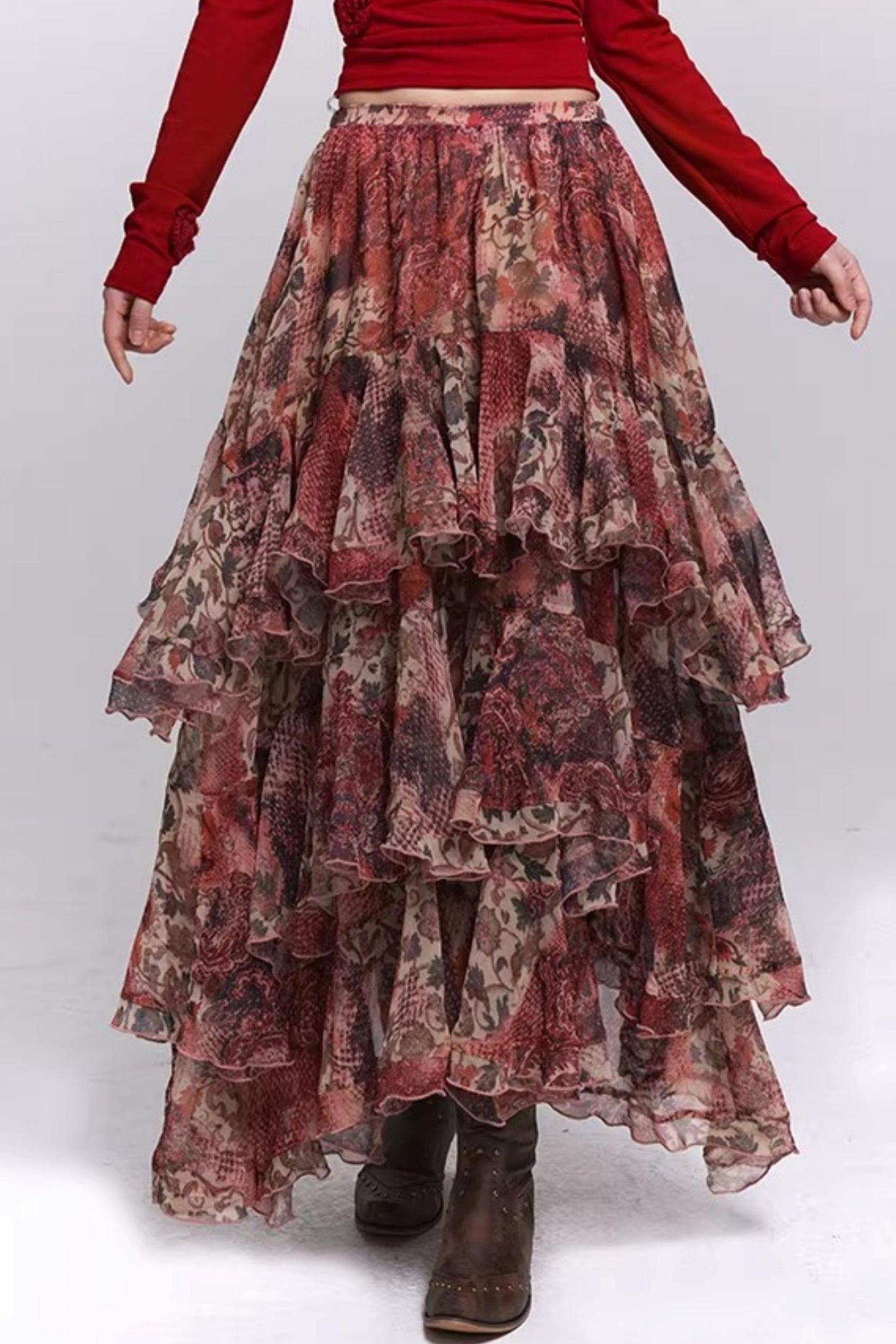 Red Floral Tiered Skirt