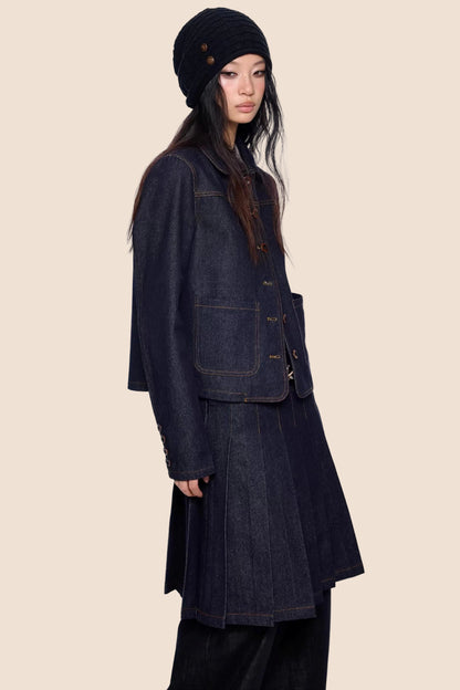 Retro Denim Faltenrock Anzug Set