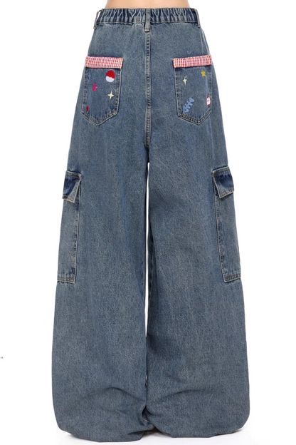 만화 자수 데님 바지