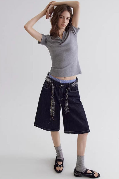 Gray V-Neck Waist-Cinching Top