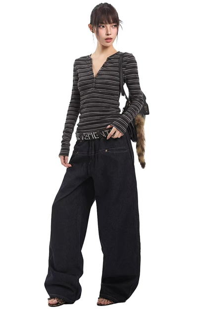 American Retro Striped V-Neck Top