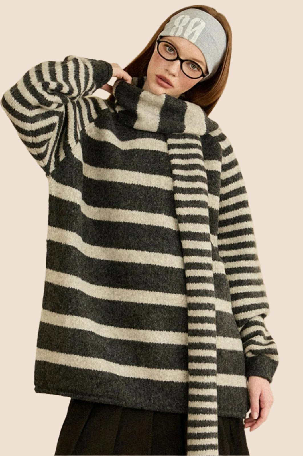 Thickened Striped Loose Knit Top Scarf Set