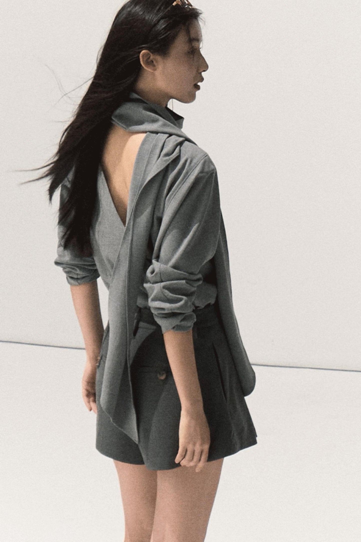 Shoulder Padded Backless Top Shorts Set-Up