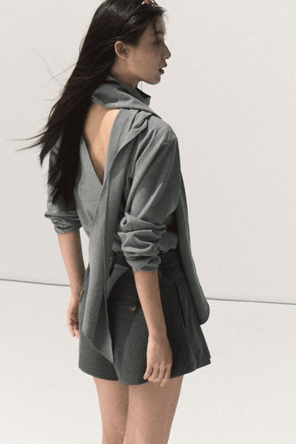 Shoulder Padded Backless Top Shorts Set-Up