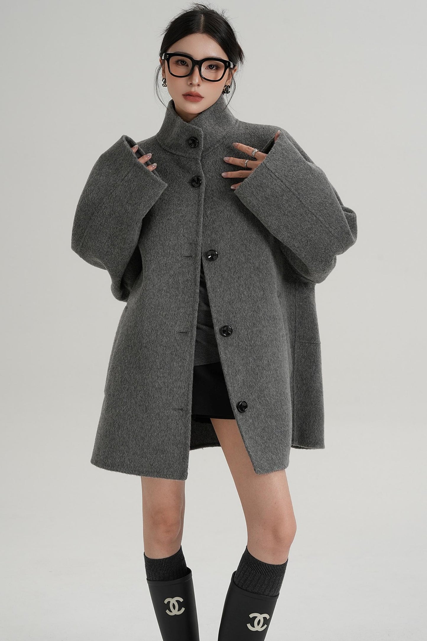 Stand-Up Collar Loose Sleeve Wool Jacket