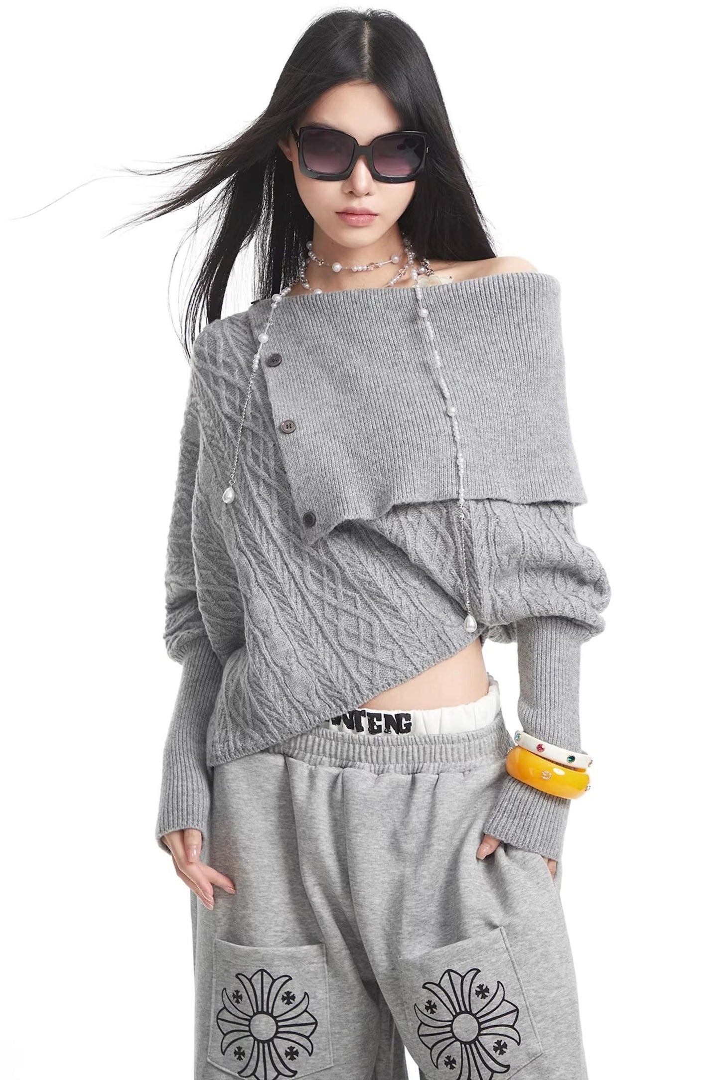 White One-Shoulder Knitted Sweater