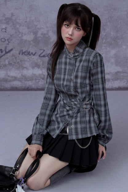 Gray-Blue Irregular Placket Plaid Shirt
