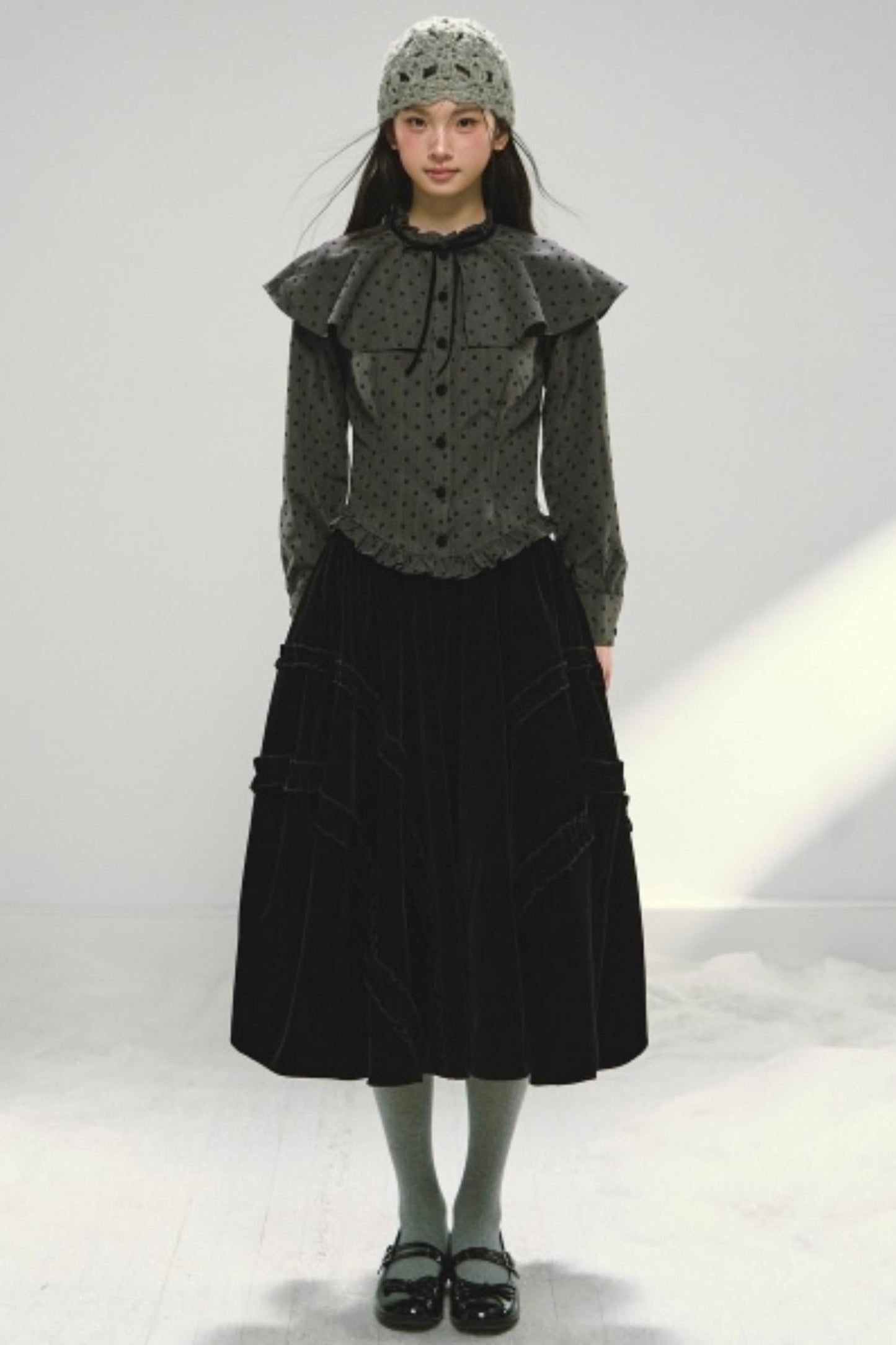 Plaid Velvet Floral Cape Blouse