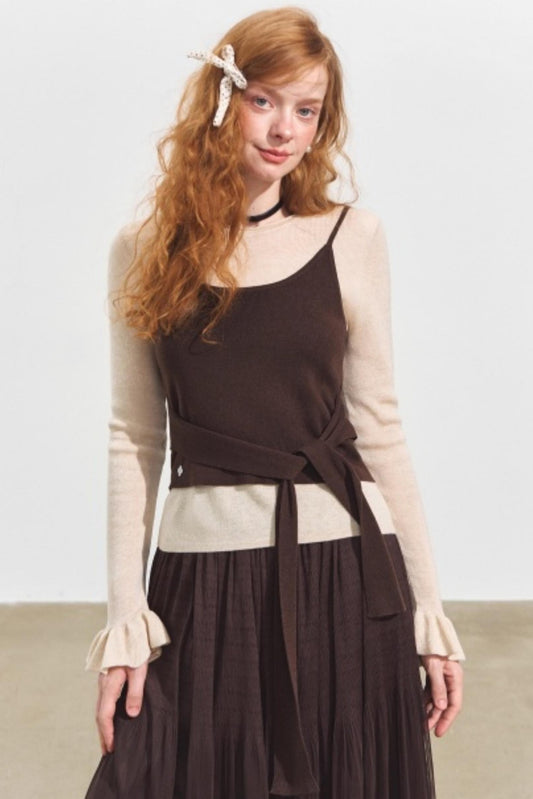 Fake Two Contrasting Tie-Up Sweater