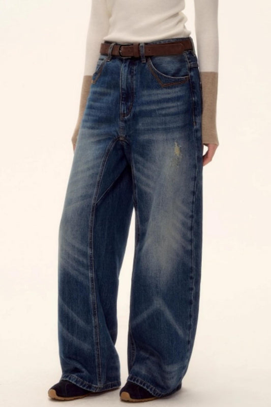 Retro Ripped Denim Wide-Leg Pants