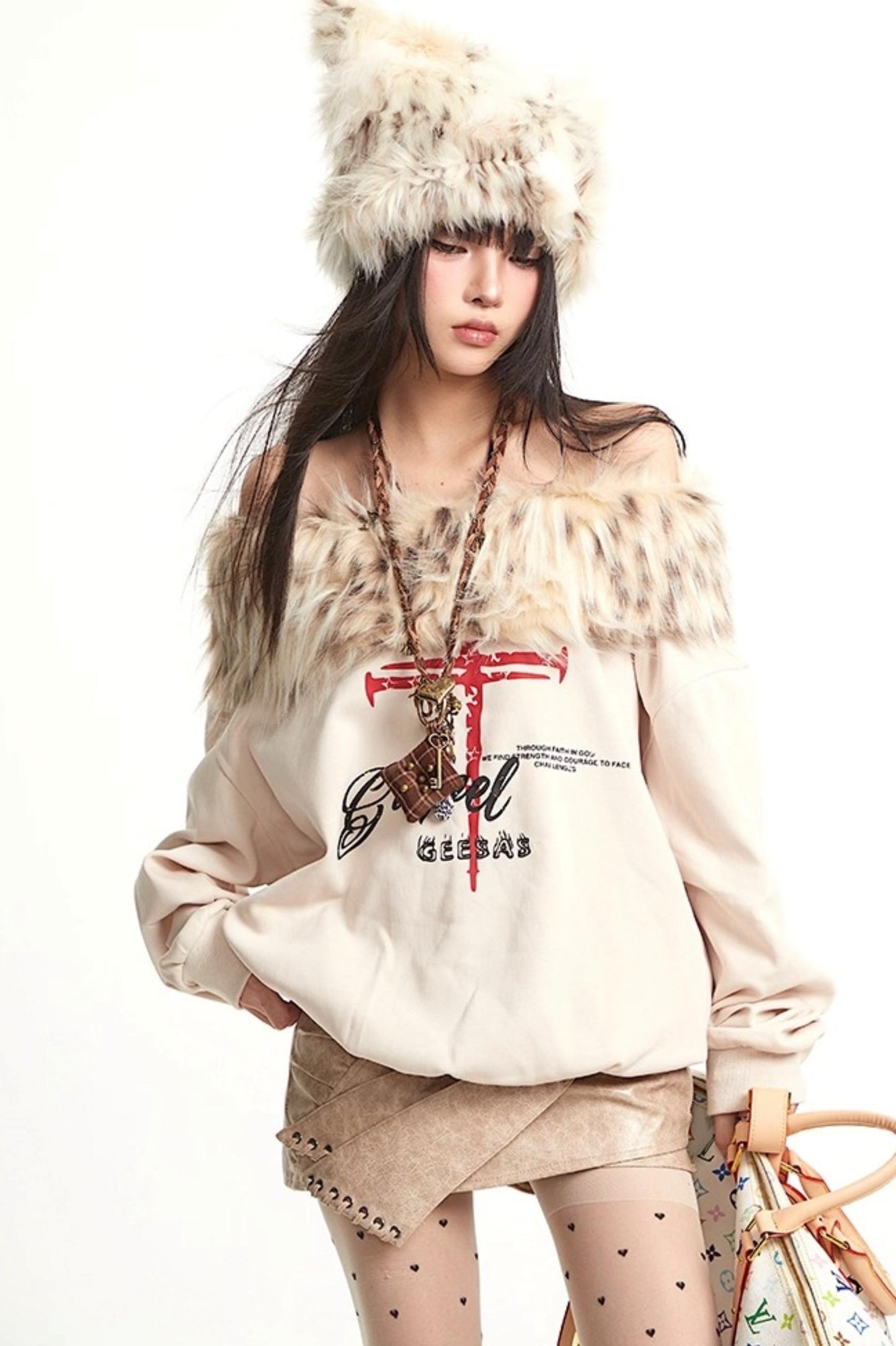 Vintage Apricot One-Shoulder Fur Collar Sweatshirt