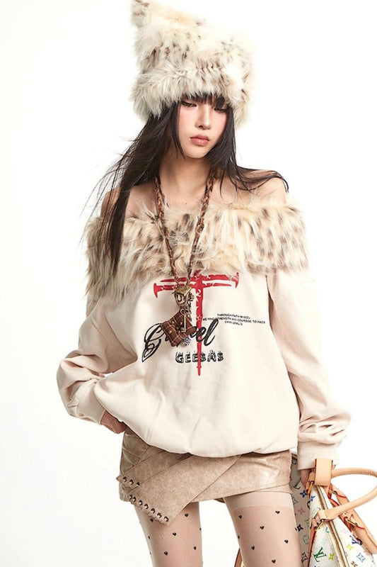 Vintage Apricot One-Shoulder Fur Collar Sweatshirt
