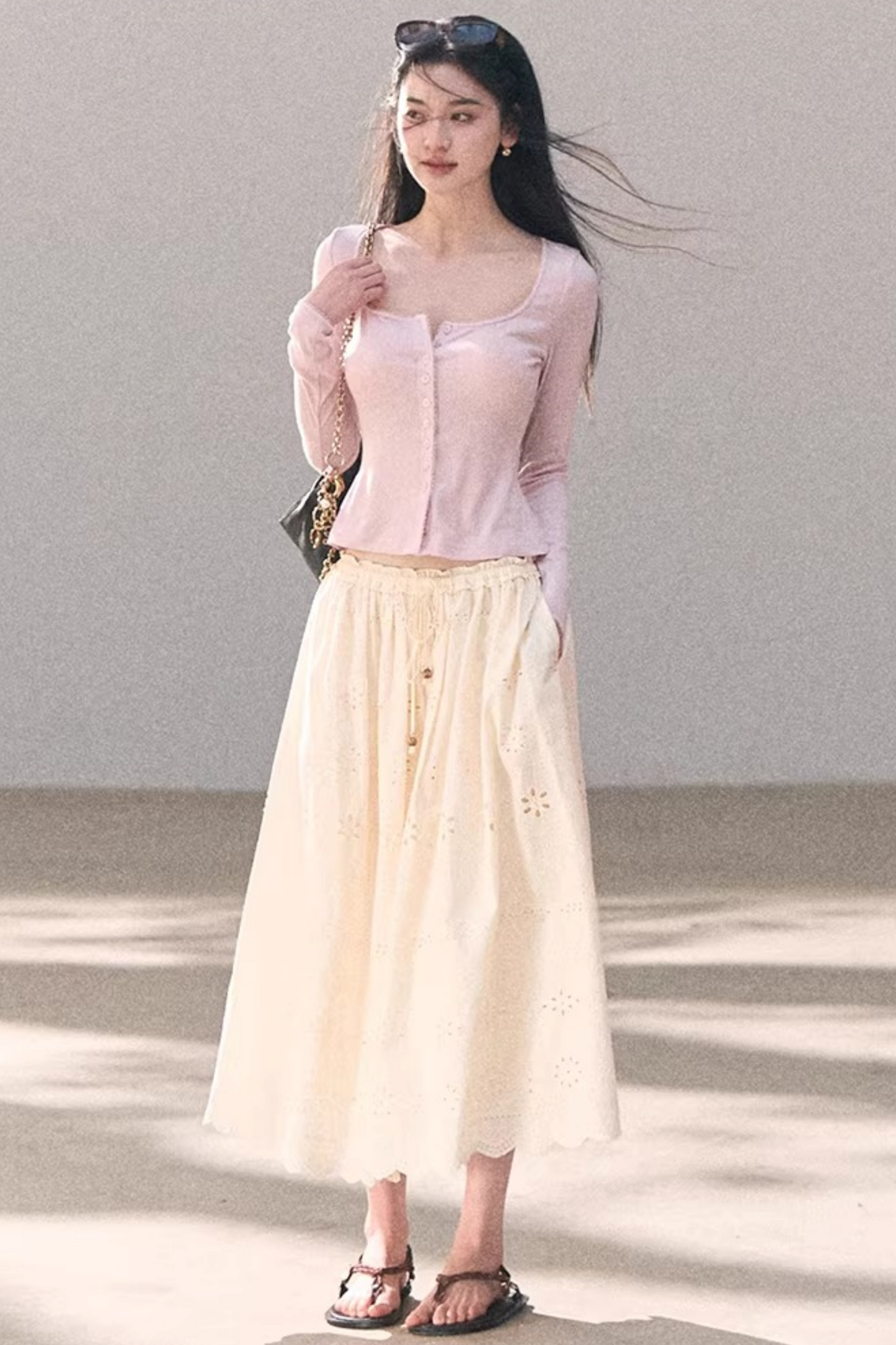 Hollow-Out Ribbed Knit Cardigan