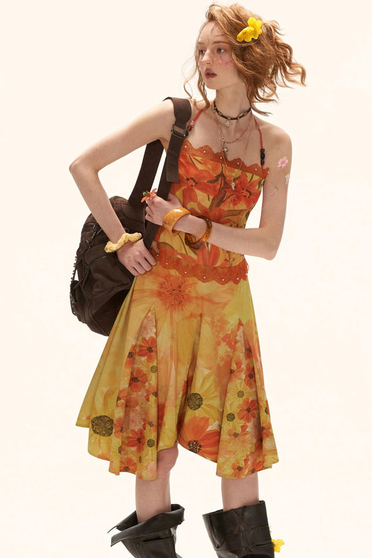 Yellow Floral Halter Dress