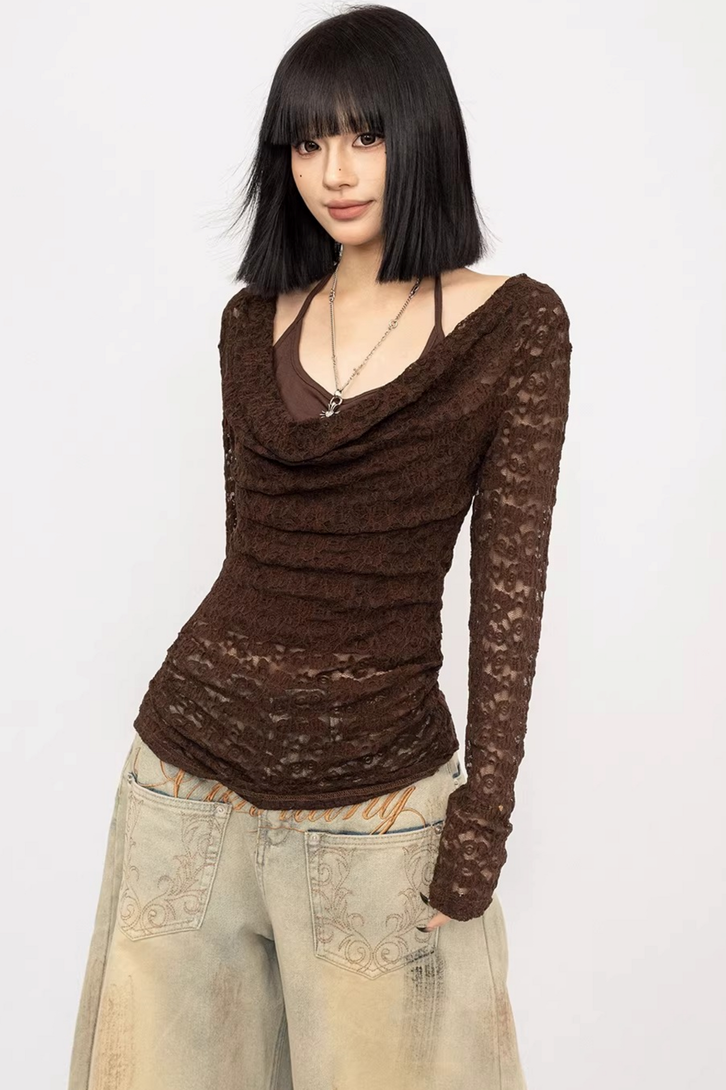 레트로 레이스 오프숄더 탑