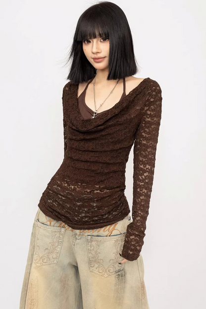 레트로 레이스 오프숄더 탑