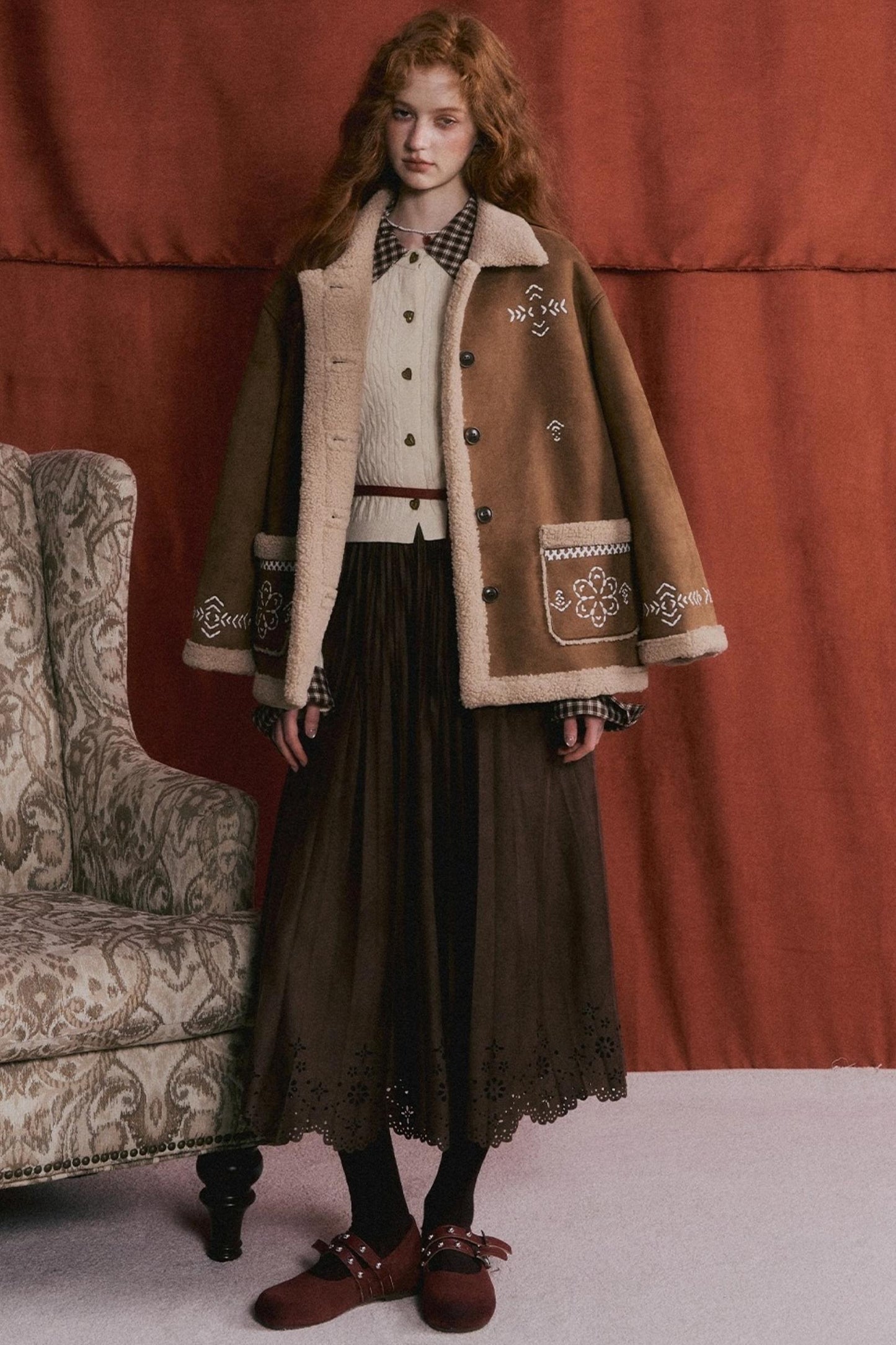 Embroidered Shearling Wool Jacket Set-Up