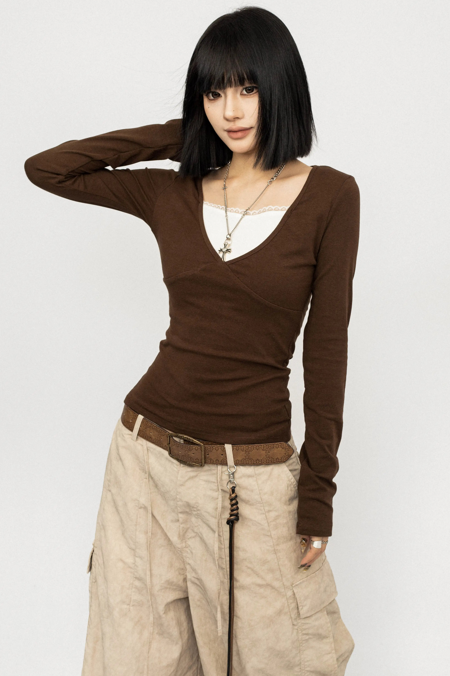 Retro Color-Block V-Neck Top