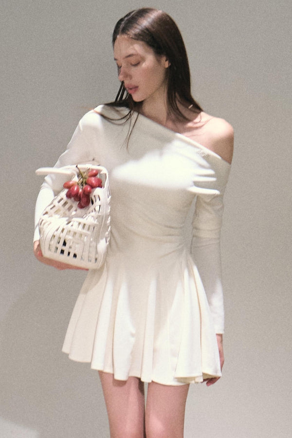 Slanted Shoulder Embroidered Short Dress