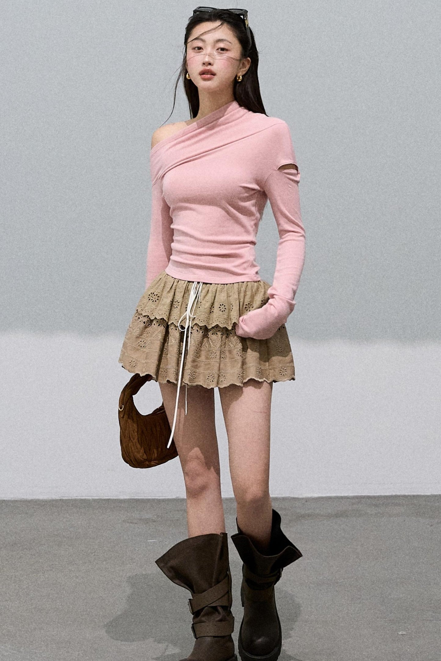 Slanted Shoulder Knit Base Layer Top