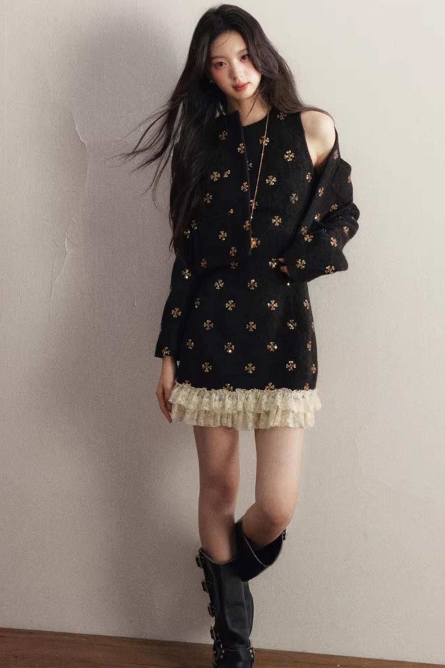 Gold Sequin Tweed Winter Short Coat Set-Up