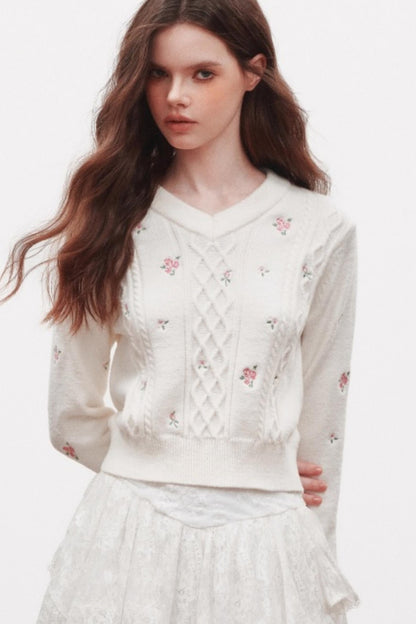 Embroidered V-Neck Knit Sweater