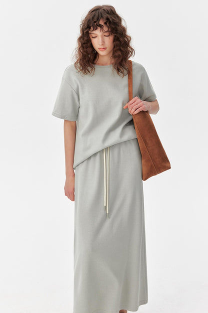 Grey Textured T-Shirt And Skirt Set-Up