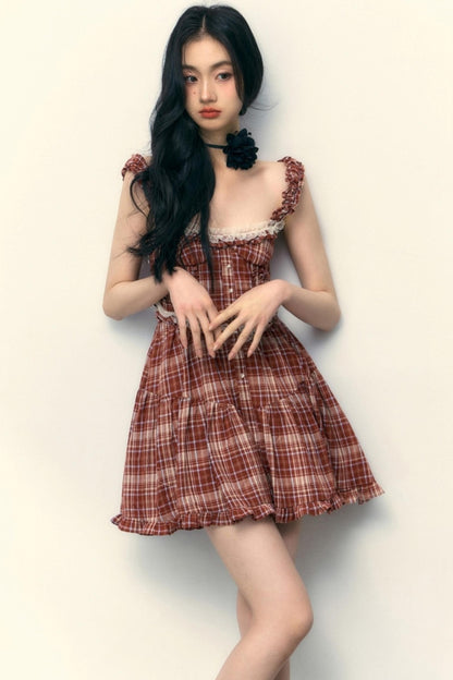 Pink Plaid Ruffle Lace Cami Dress