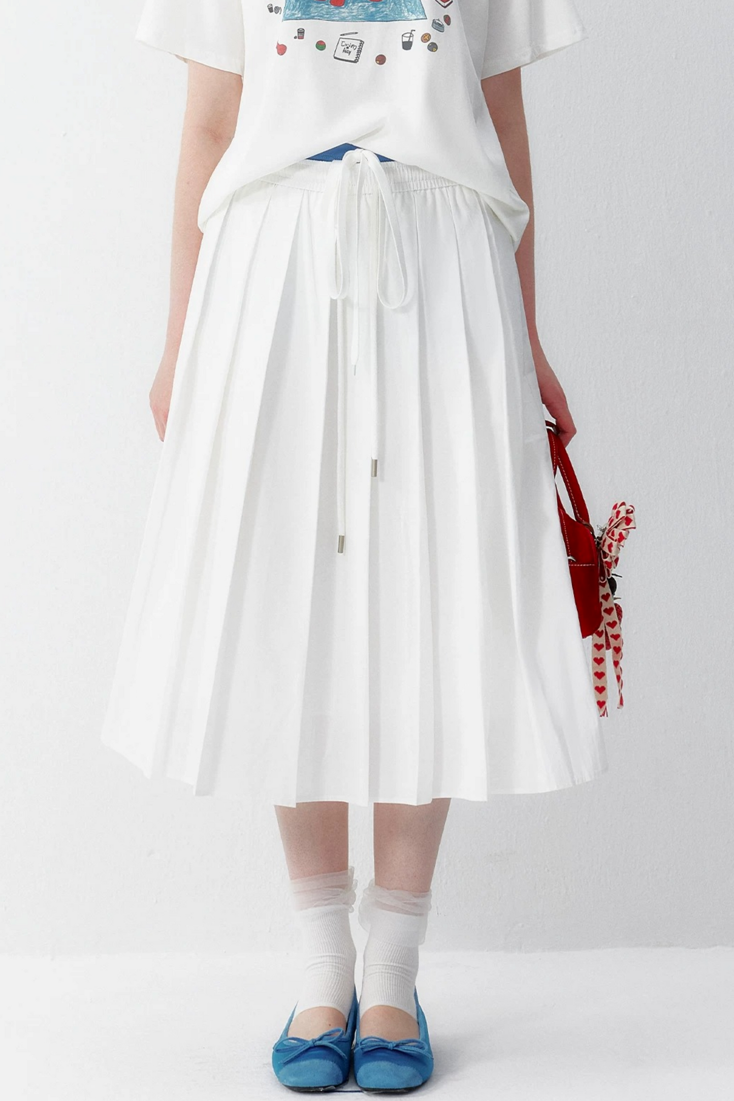 Cotton Elastic Waist Pleated Midi Skirt