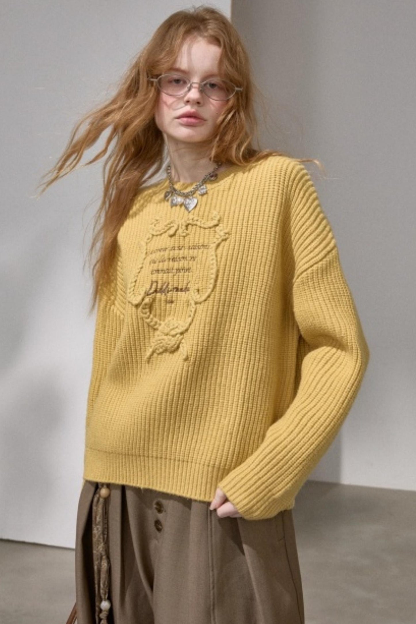 Ribbon Embroidery Crew Neck Sweater