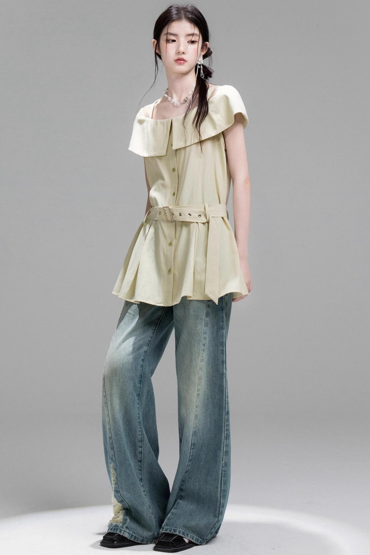 Layered Lime Green Belted Shirt & Pleated Shorts Set