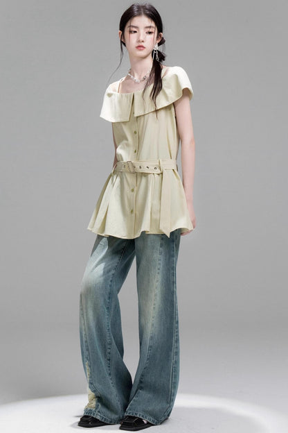 Layered Lime Green Belted Shirt & Pleated Shorts Set