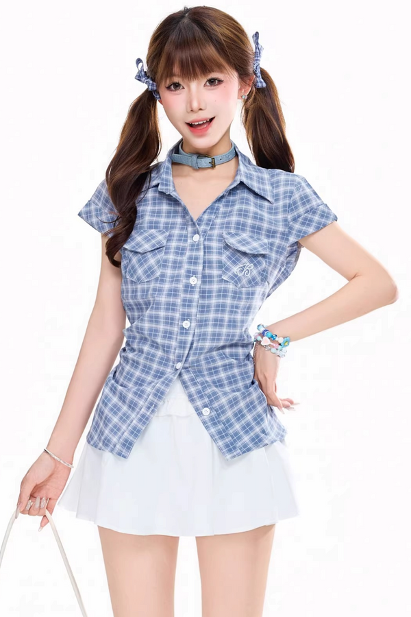 Retro Plaid Waist-Cinching Blouse