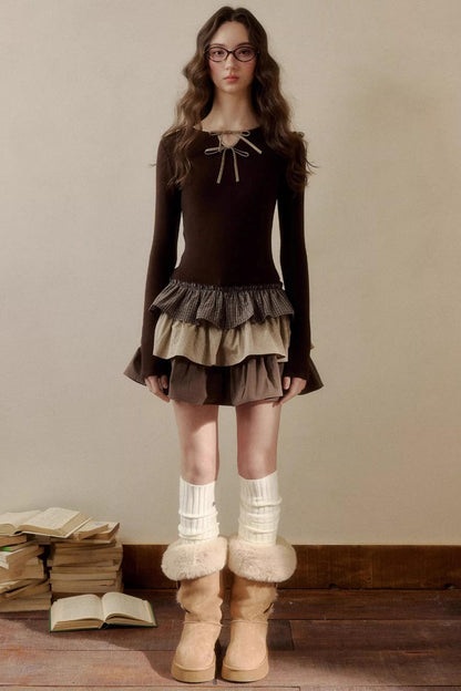 Retro Plaid Knit Tutu Skirt Dress