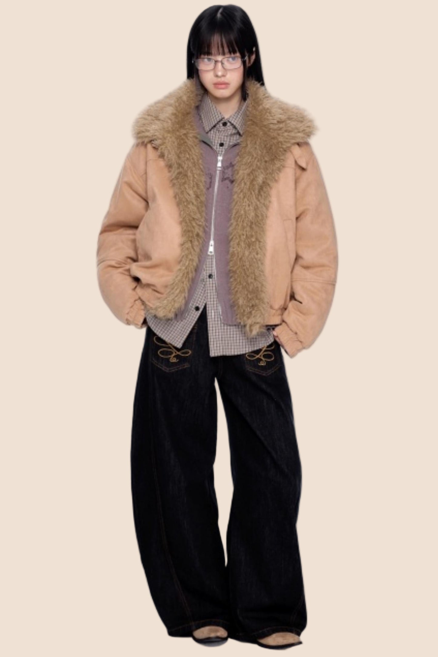 Faux Suede Fur Collar Jacket