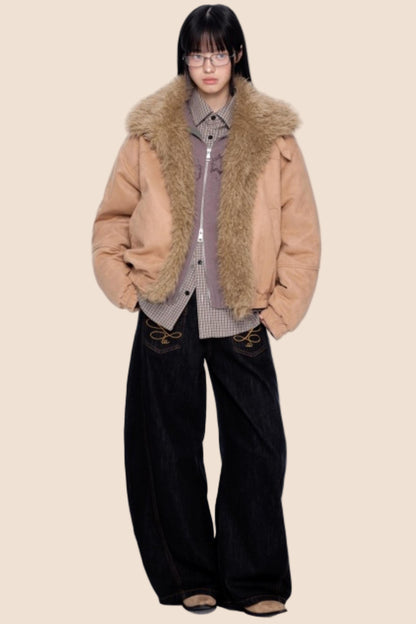 Faux Suede Fur Collar Jacket