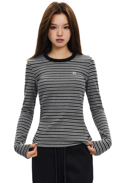 Brushed Crewneck Striped Long-Sleeve Top