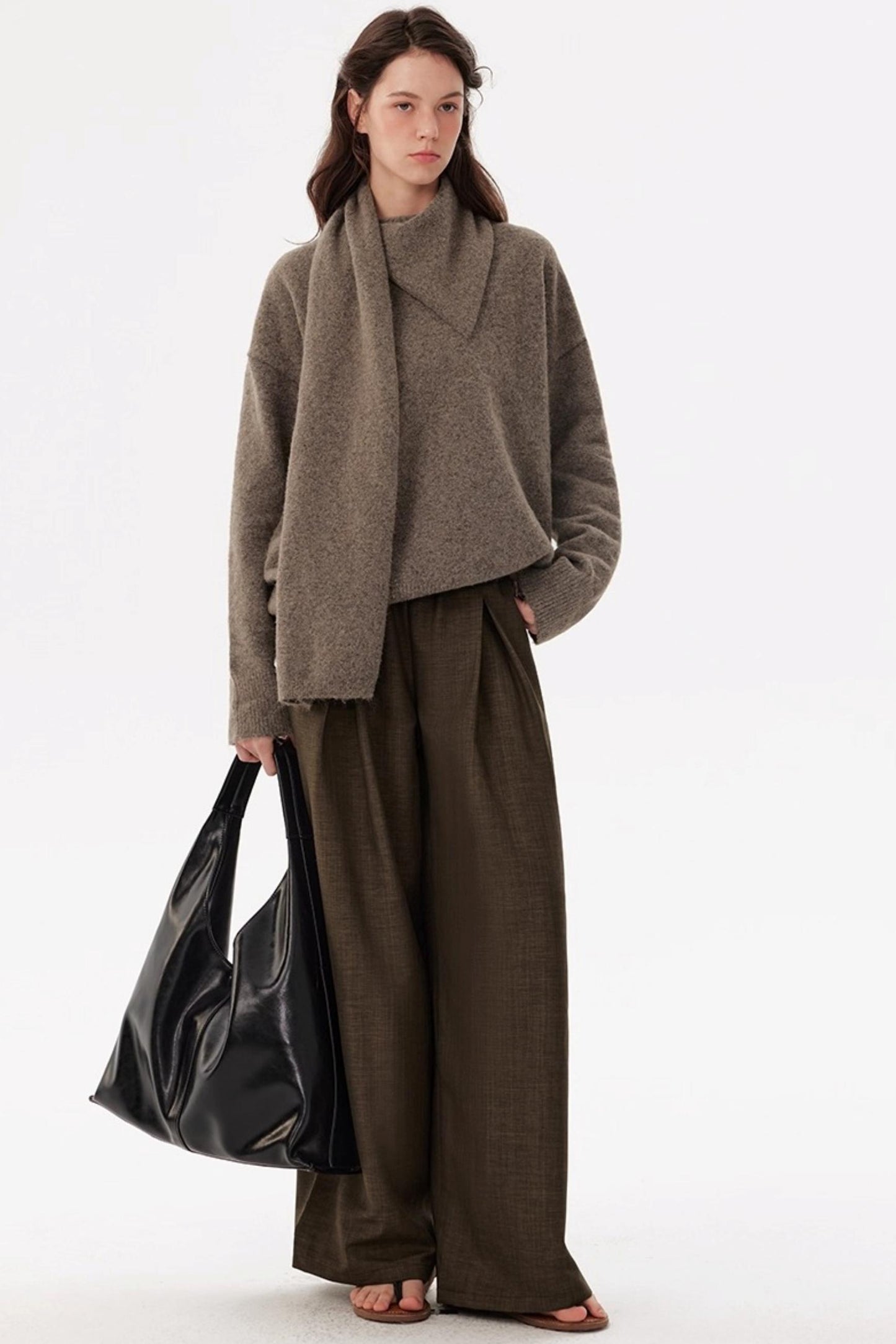 Coffee Elastic Waist Pleats Wide-Leg Suit Pants