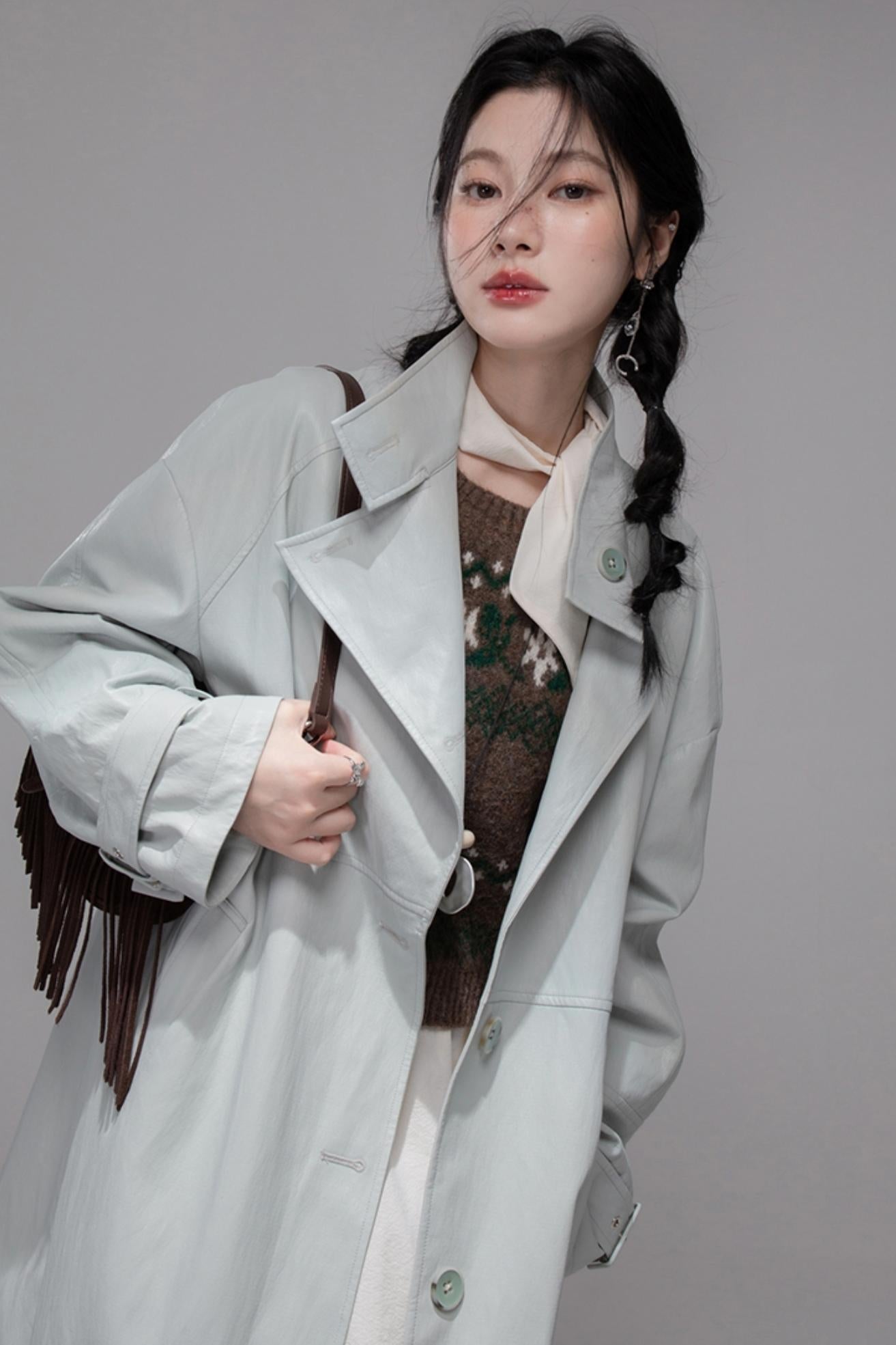 First Gray Leather Trench Coat