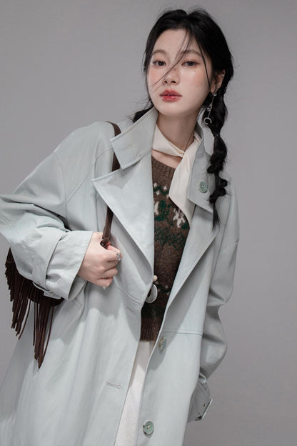 First Gray Leather Trench Coat